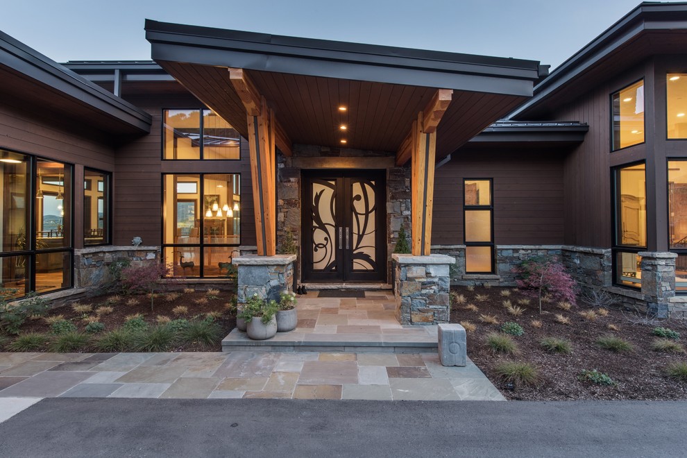 Inspiration for a contemporary front door in Salt Lake City with a double front door and a black front door.