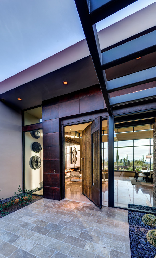 Стильный дизайн: большая входная дверь в стиле модернизм с коричневыми стенами, полом из известняка, поворотной входной дверью, входной дверью из темного дерева и бежевым полом - последний тренд