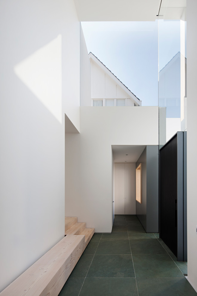 Inspiration pour une entrée minimaliste avec un mur blanc, un sol en ardoise, une porte pivot, une porte noire, un sol vert et un couloir.
