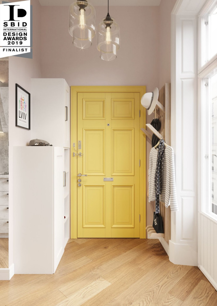 Photo of a small modern hallway in Boston with purple walls, porcelain flooring, a single front door, a yellow front door and brown floors.