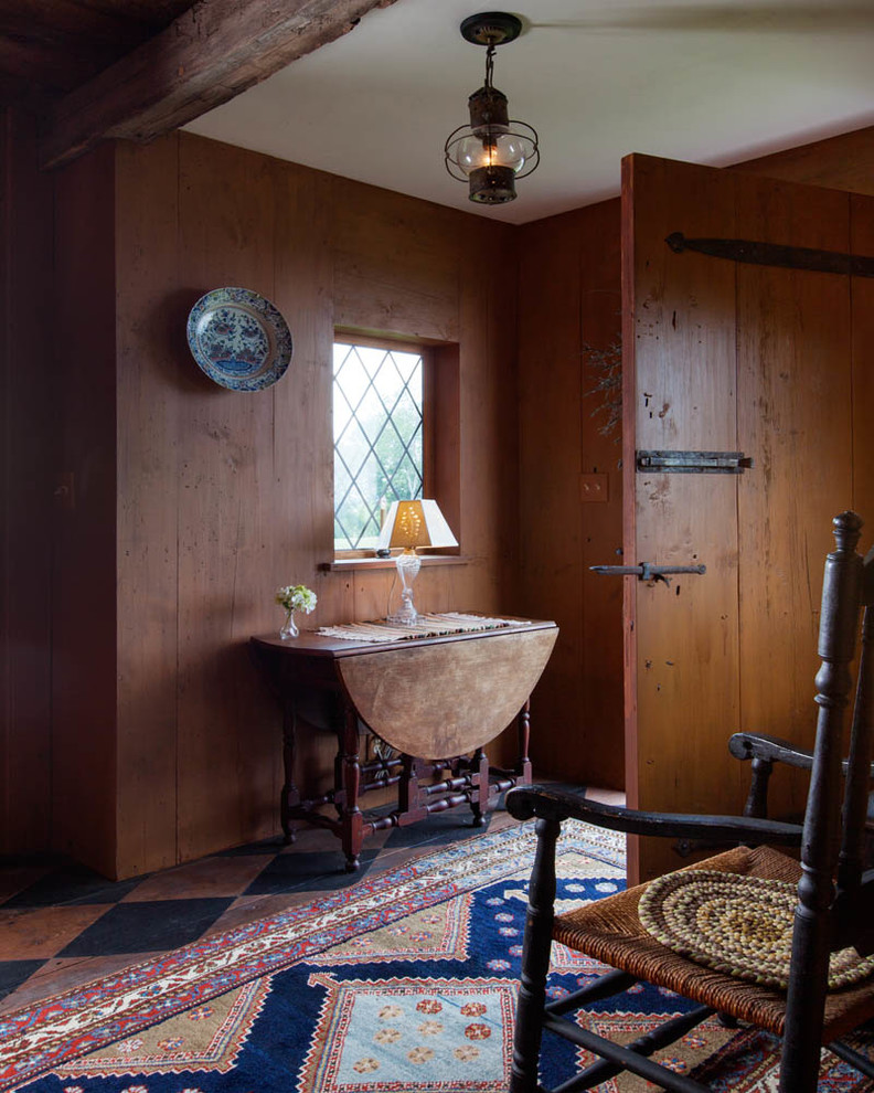 Entryway - cottage entryway idea in Boston with a dark wood front door