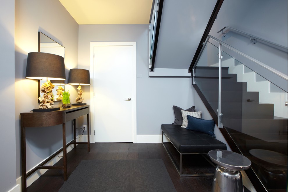 Kleine Moderne Haustür mit grauer Wandfarbe, dunklem Holzboden, Einzeltür, weißer Haustür und braunem Boden in Toronto