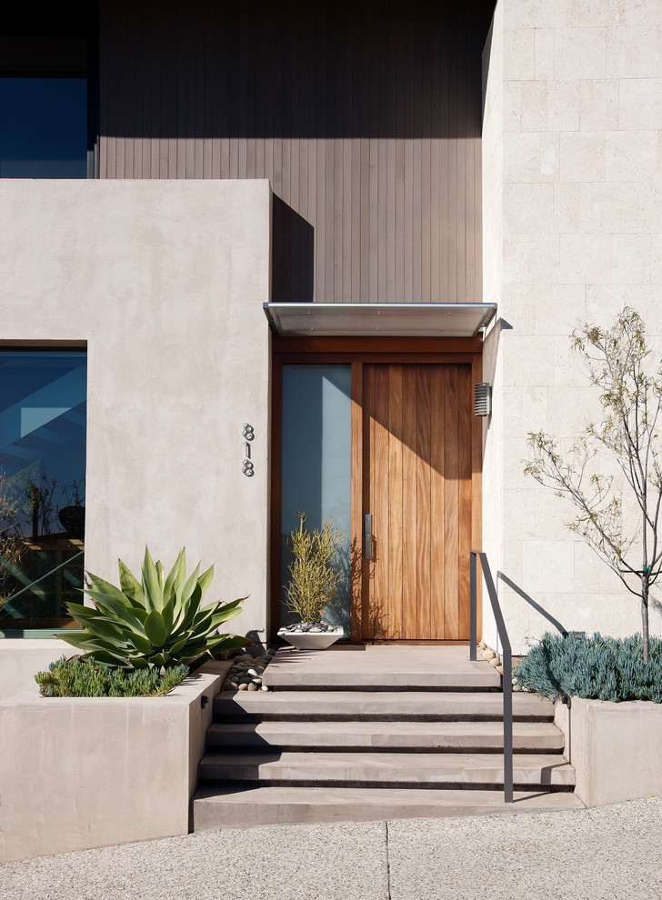 Photo of a contemporary front door in Santa Barbara with beige walls, a single front door and a medium wood front door.