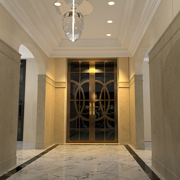 Idee per un grande corridoio chic con pavimento in marmo, una porta a due ante e una porta in metallo