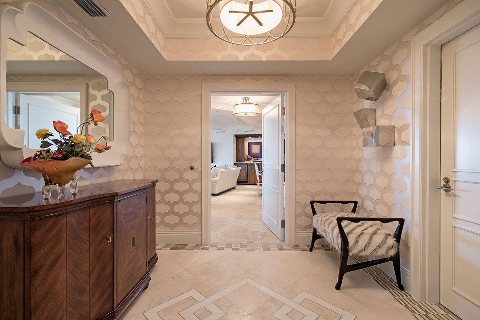 Classic foyer in Philadelphia with beige walls, a single front door, a white front door and multi-coloured floors.