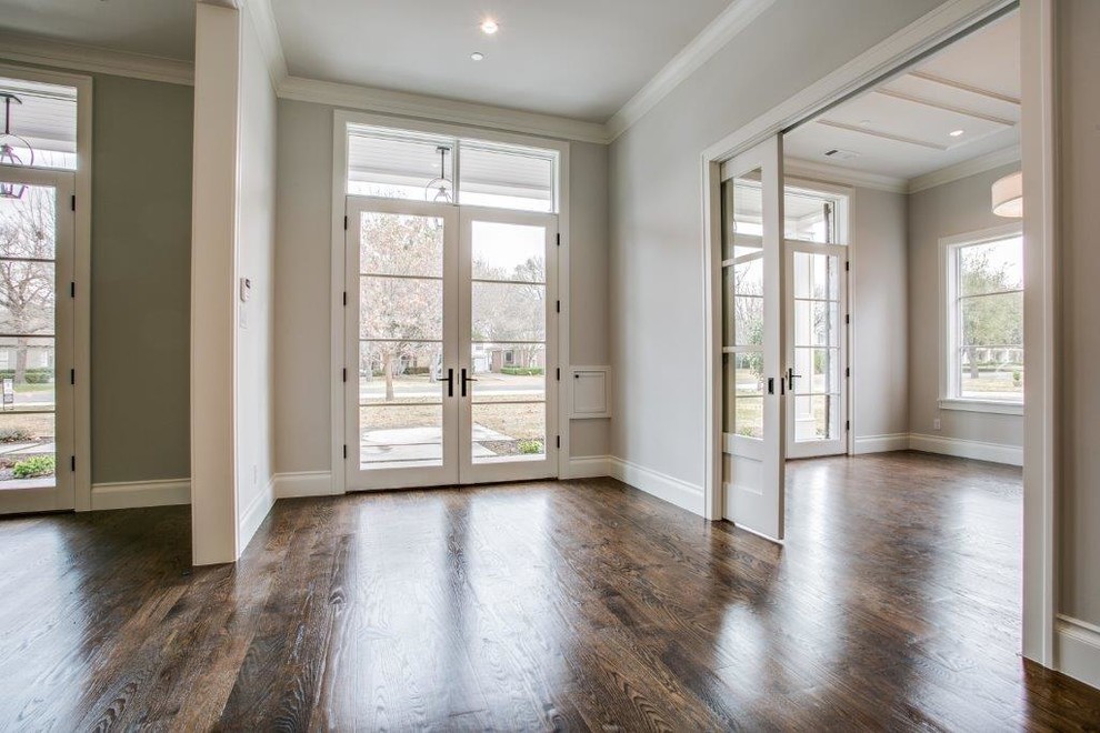 Design ideas for a classic entrance in Dallas with grey walls, medium hardwood flooring, a double front door, a white front door and brown floors.