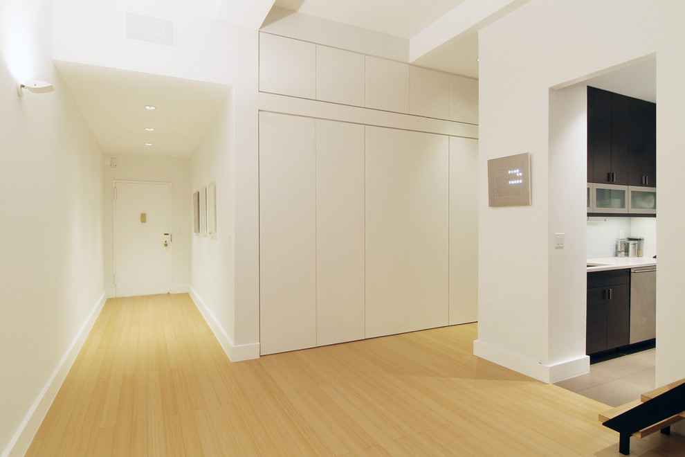 Aménagement d'un petit hall d'entrée moderne avec un mur blanc, parquet en bambou, une porte simple et une porte blanche.