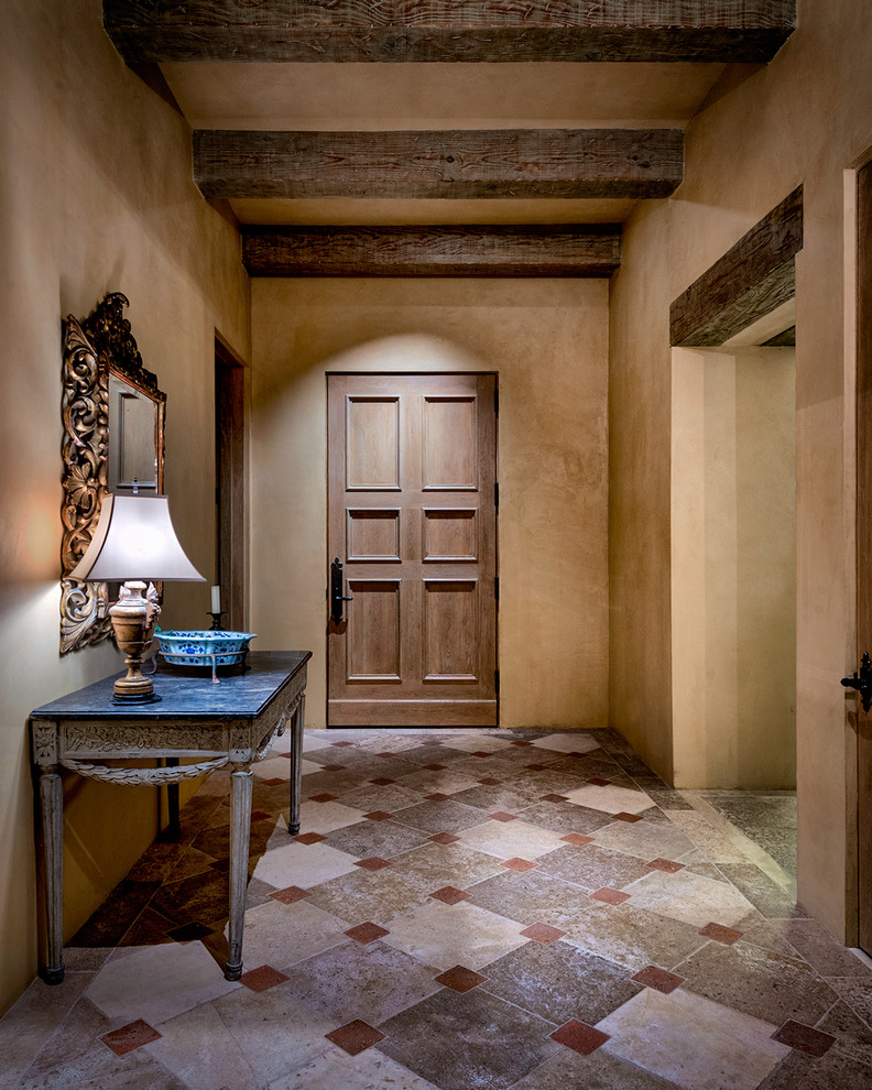 Tuscan multicolored floor entryway photo in San Francisco with brown walls and a medium wood front door