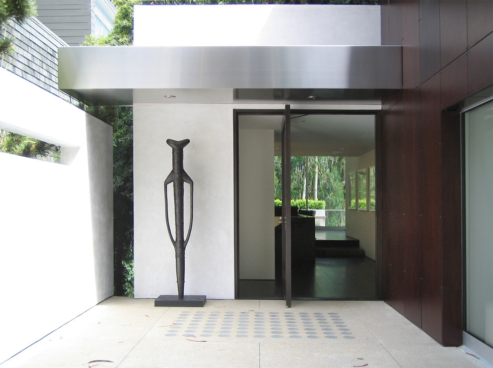 Aménagement d'une porte d'entrée moderne avec une porte pivot et une porte en verre.
