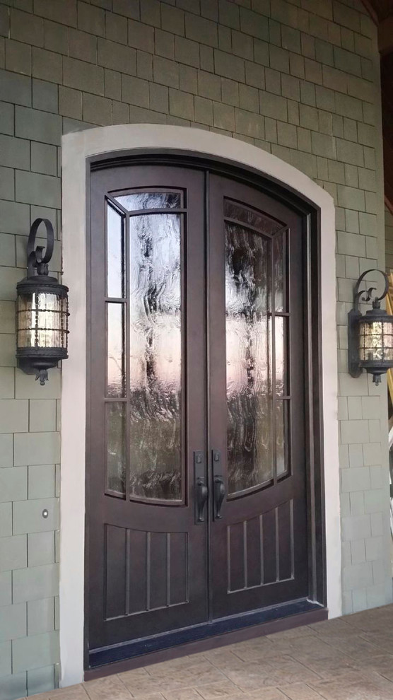Large classic front door in Charlotte with a double front door, grey walls, a brown front door and feature lighting.