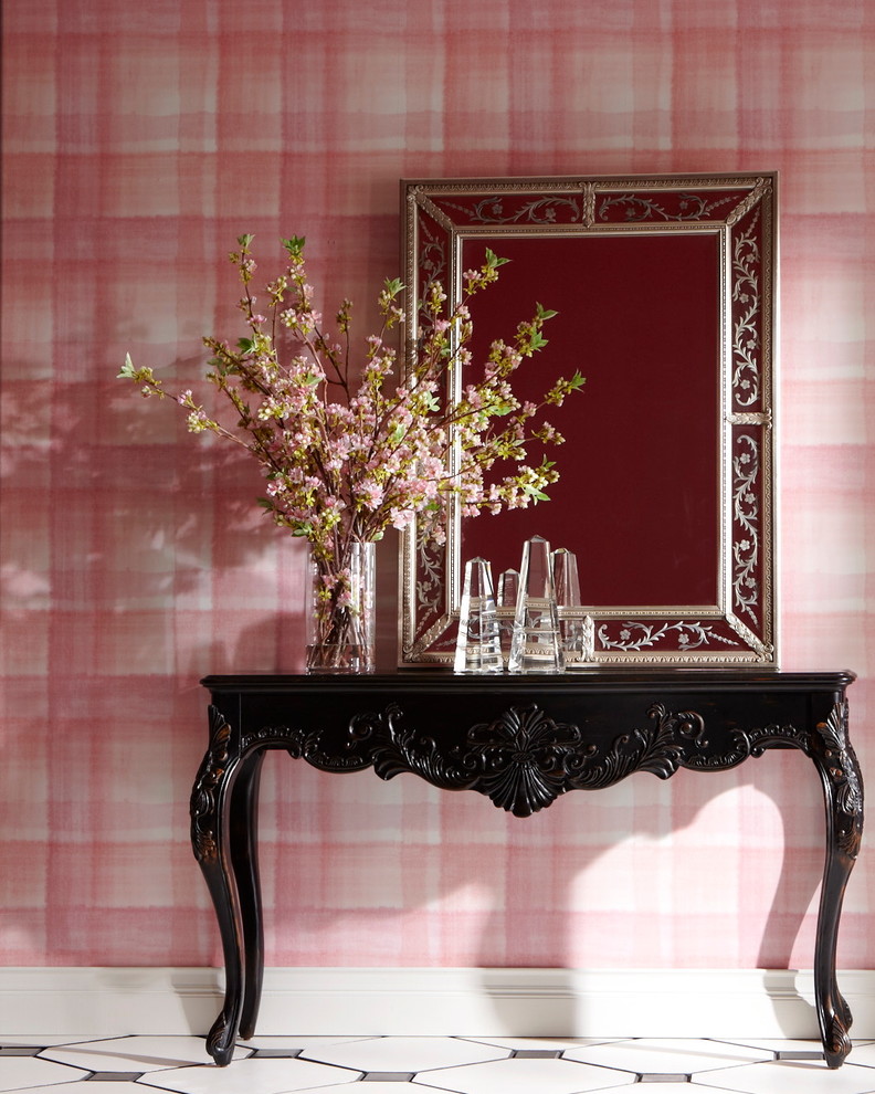 Свежая идея для дизайна: узкая прихожая среднего размера в стиле фьюжн с розовыми стенами, полом из керамической плитки и белым полом - отличное фото интерьера