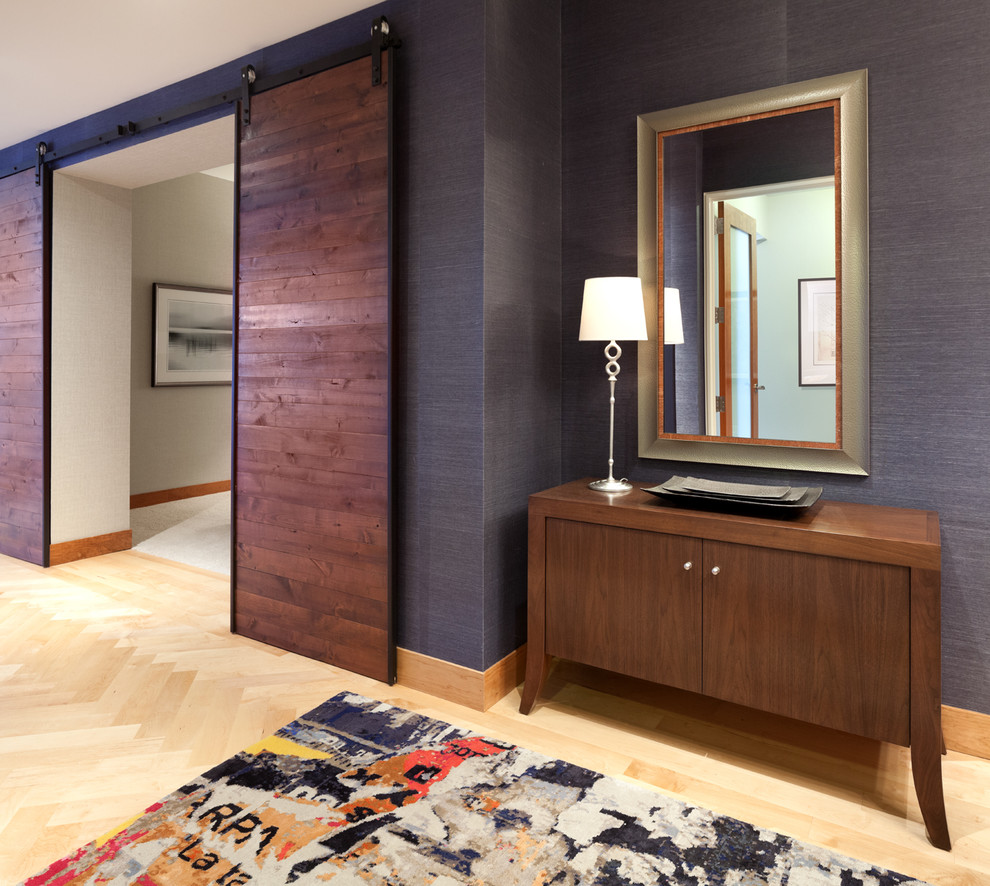 Inspiration for a mid-sized contemporary light wood floor entry hall remodel in Minneapolis with blue walls