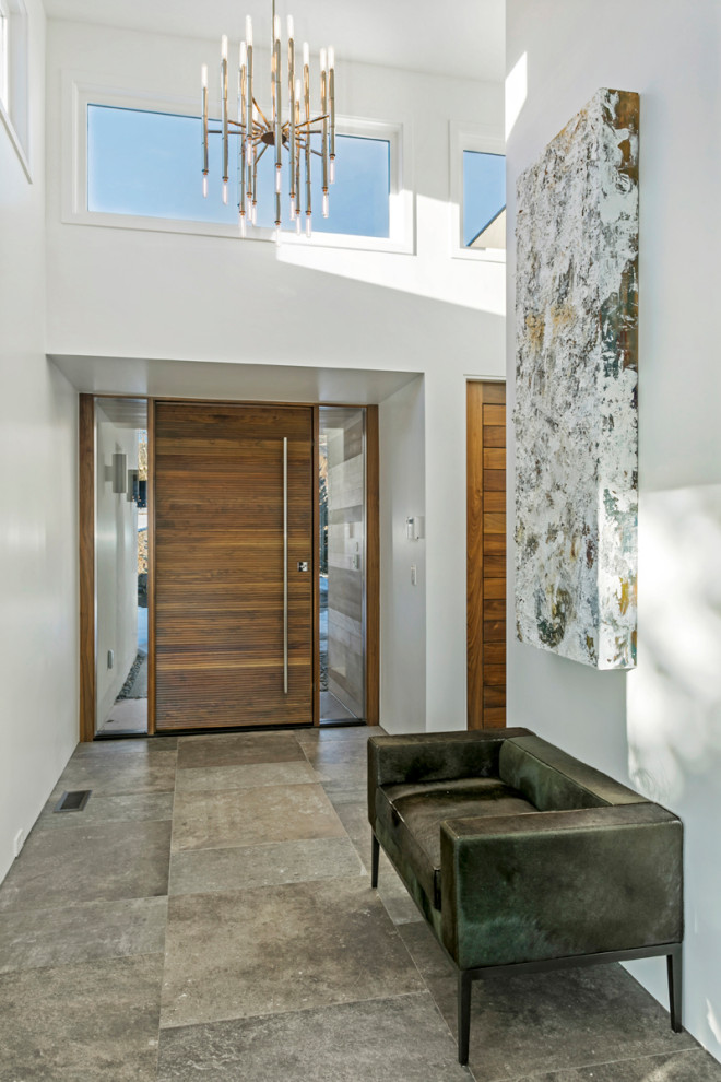 Idee per una grande porta d'ingresso moderna con pareti bianche, pavimento con piastrelle in ceramica, una porta a pivot, una porta in legno bruno e pavimento grigio