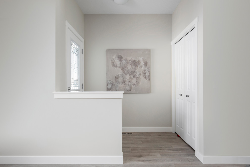 Cette image montre un petit hall d'entrée minimaliste avec un mur gris, sol en stratifié, une porte simple, une porte blanche et un sol gris.
