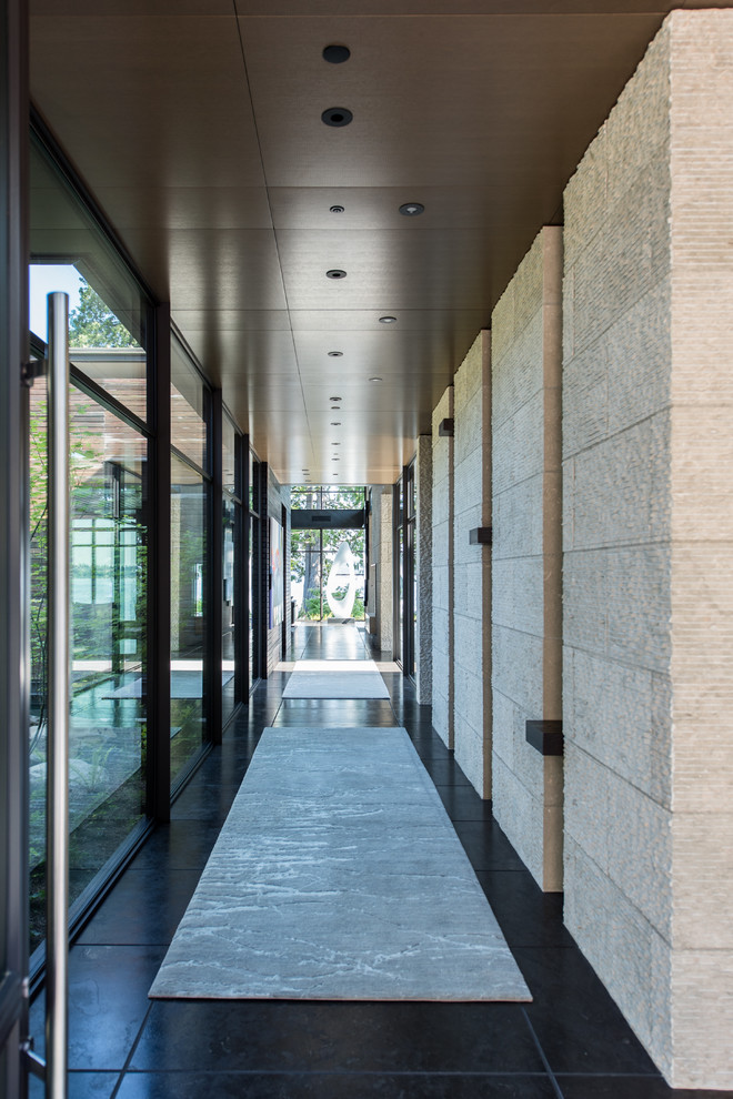 Ispirazione per un ampio corridoio contemporaneo con pavimento in cemento, una porta singola, una porta in vetro e pavimento nero