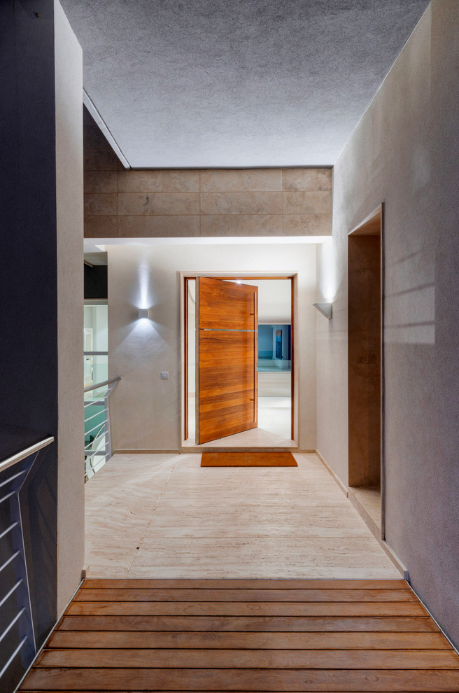 Foto di un ingresso o corridoio contemporaneo con una porta a pivot e una porta in legno bruno