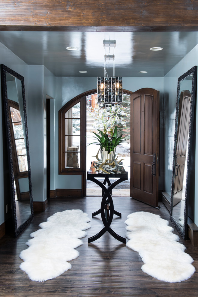 Ispirazione per un piccolo ingresso minimal con pareti blu, parquet scuro, una porta singola, una porta in legno scuro e pavimento marrone
