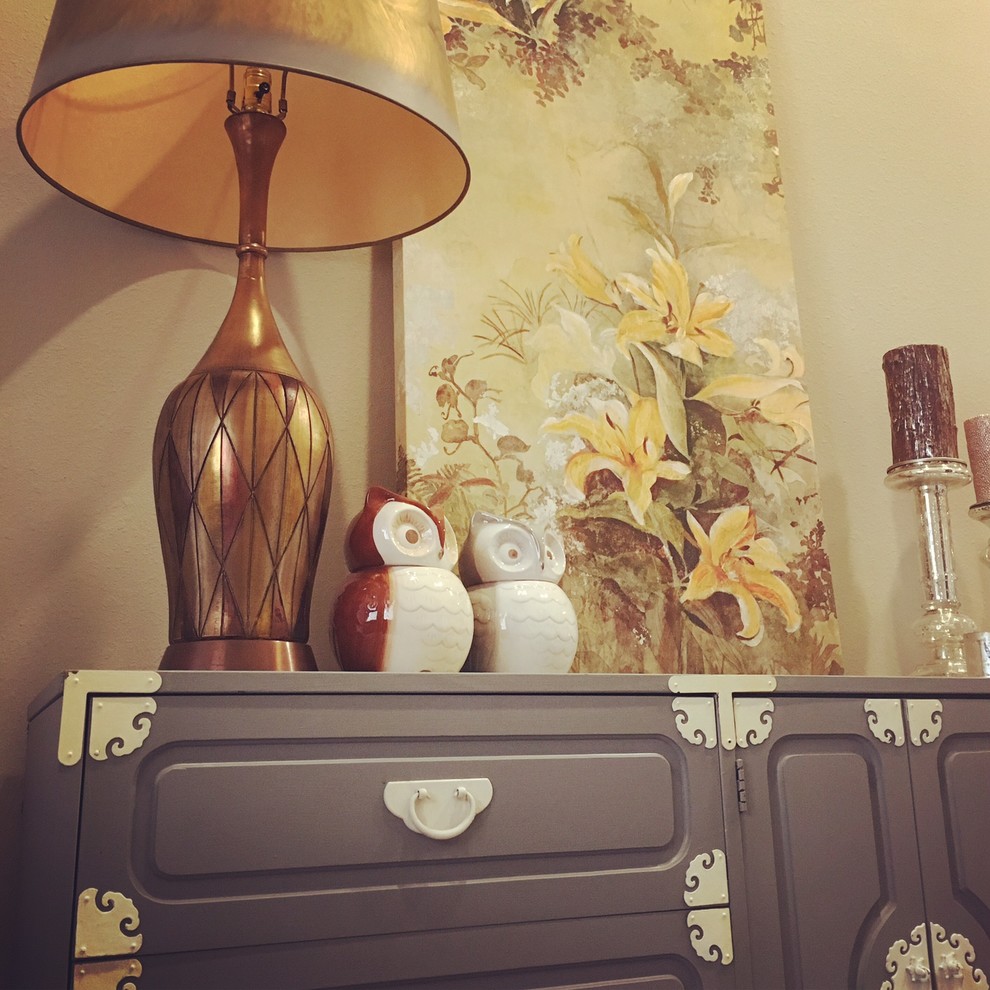 Inspiration for a mid-sized eclectic ceramic tile entryway remodel in Houston with beige walls and a medium wood front door