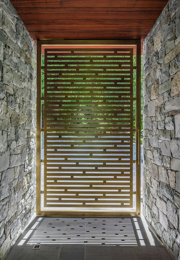 Immagine di un'ampia porta d'ingresso minimal con una porta a pivot e una porta in vetro