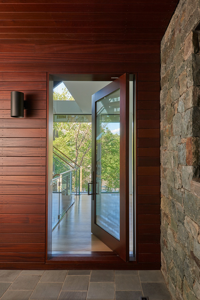 Свежая идея для дизайна: входная дверь среднего размера в современном стиле с поворотной входной дверью и стеклянной входной дверью - отличное фото интерьера