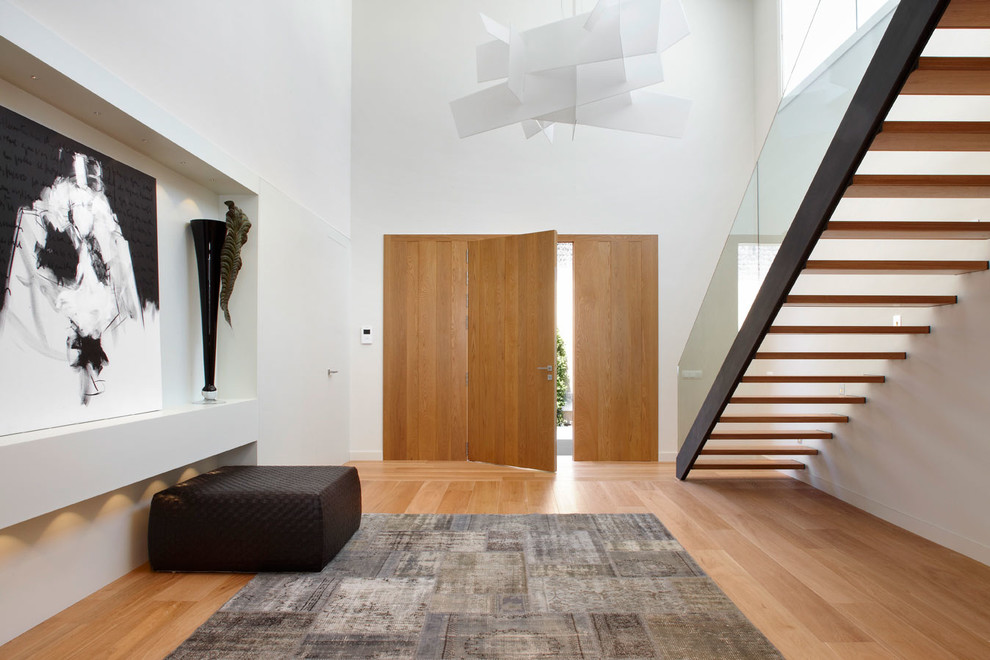 Источник вдохновения для домашнего уюта: большое фойе в современном стиле с белыми стенами, светлым паркетным полом, одностворчатой входной дверью и входной дверью из светлого дерева