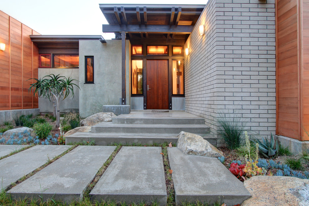 Modelo de puerta principal actual grande con paredes grises, suelo de cemento, puerta simple, puerta de madera oscura y suelo gris