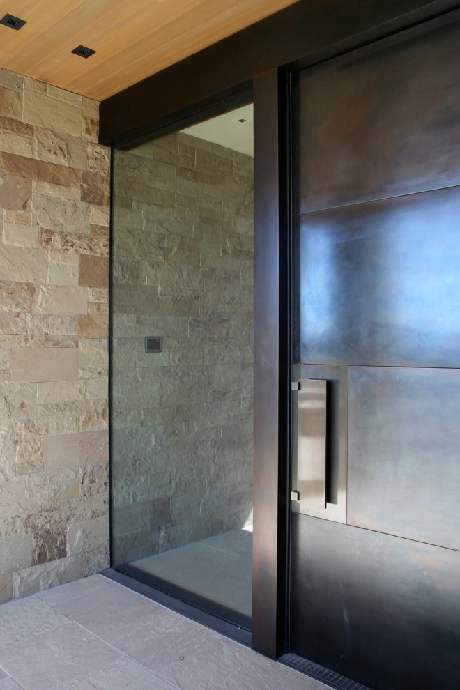 Immagine di una grande porta d'ingresso minimal con una porta singola e una porta in metallo