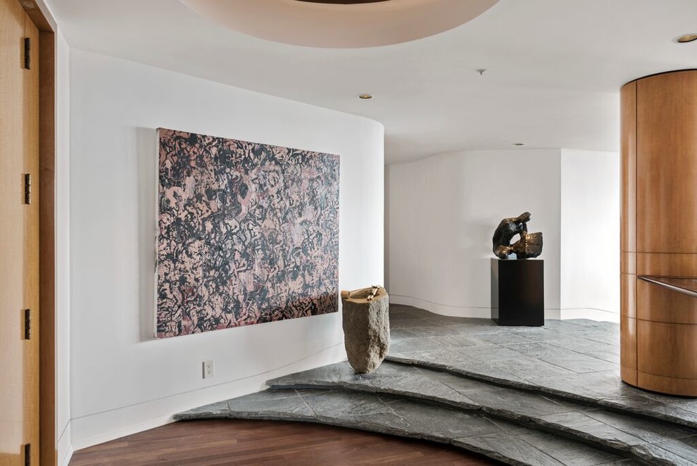 Modernes Foyer mit weißer Wandfarbe und Schieferboden in Chicago