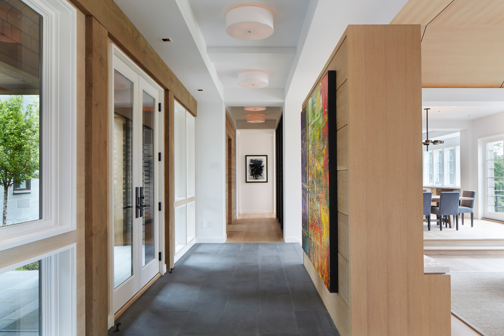 This is an example of a modern hallway in Minneapolis with white walls, a double front door, a glass front door and feature lighting.