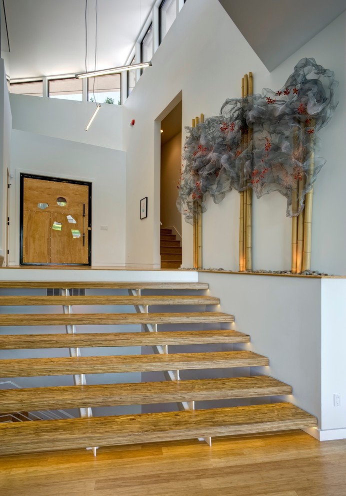 Inspiration for a contemporary light wood floor entryway remodel in Kansas City with white walls and a light wood front door