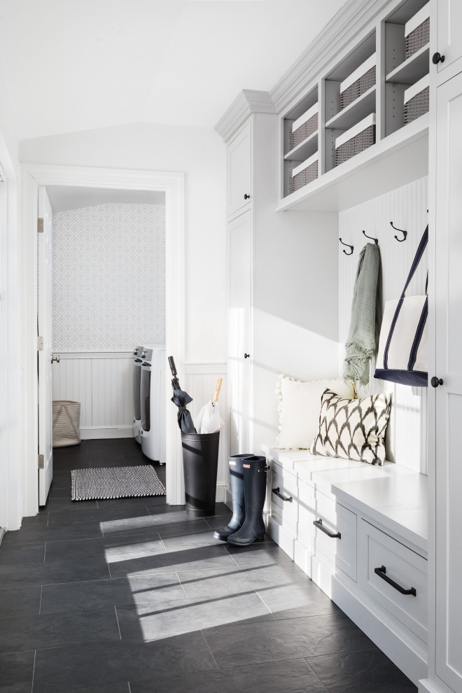 Medium sized classic entrance in Boston with white walls, porcelain flooring and grey floors.