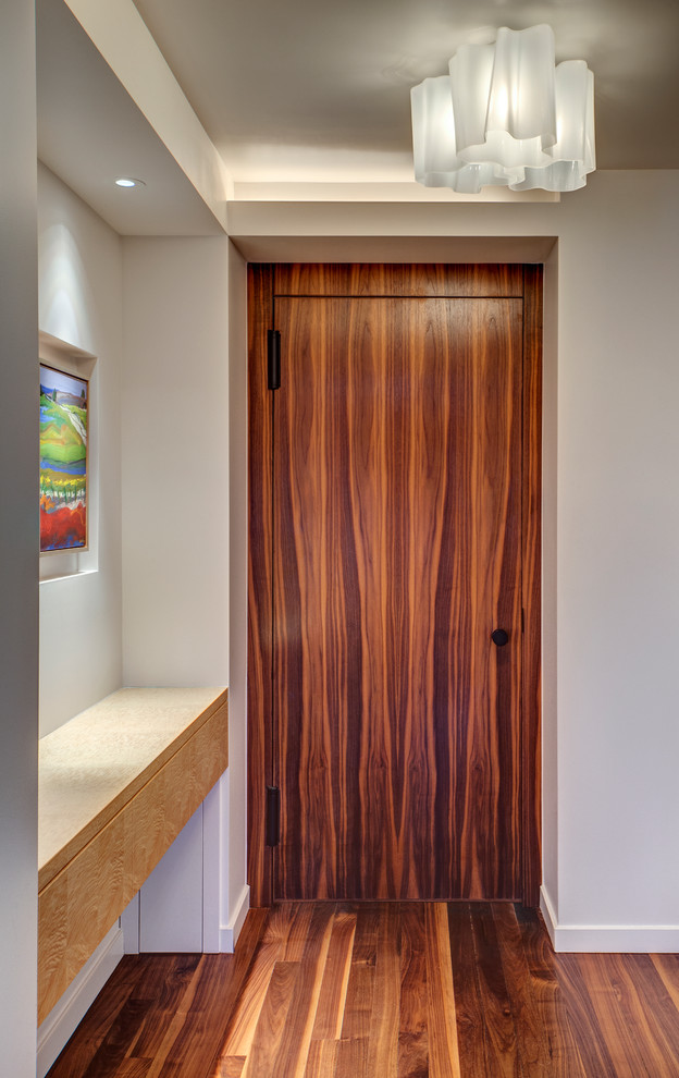 Imagen de distribuidor actual de tamaño medio con paredes blancas, suelo de madera oscura, puerta simple y puerta de madera oscura