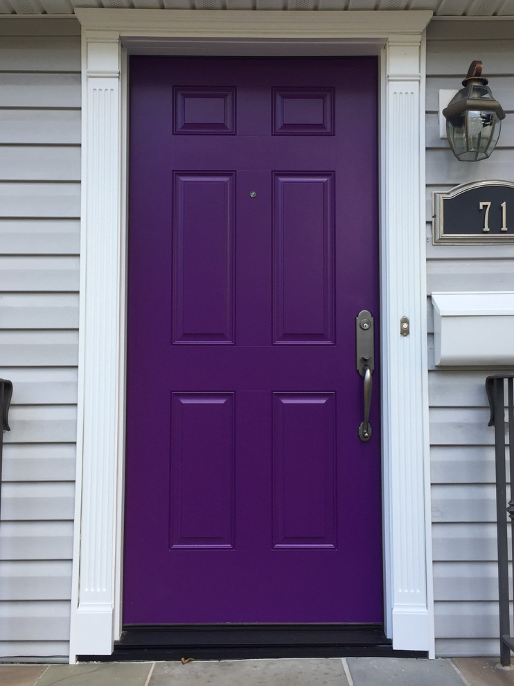 Idée de décoration pour une entrée avec une porte simple et une porte violette.