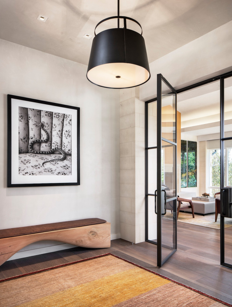 Immagine di un ingresso minimalista di medie dimensioni con pareti grigie, parquet scuro e pavimento marrone