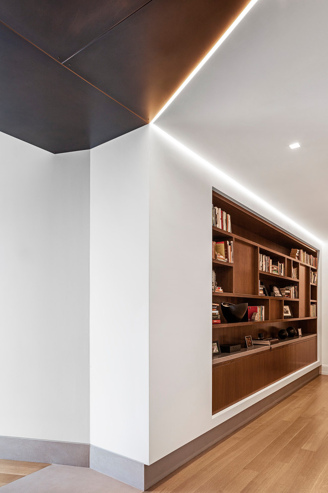 This is an example of a modern foyer in New York with white walls and light hardwood flooring.