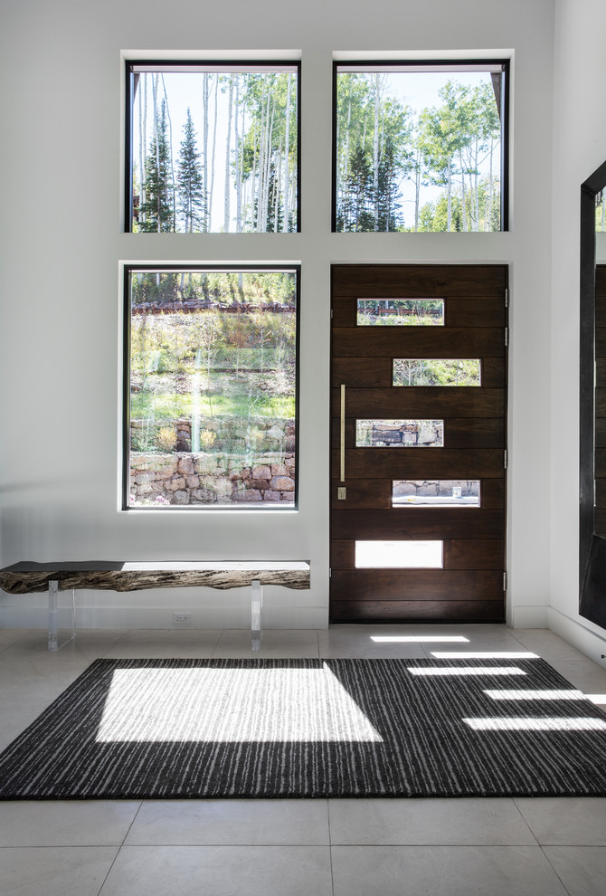 Moderne Haustür mit weißer Wandfarbe, Einzeltür und dunkler Holzhaustür in Salt Lake City