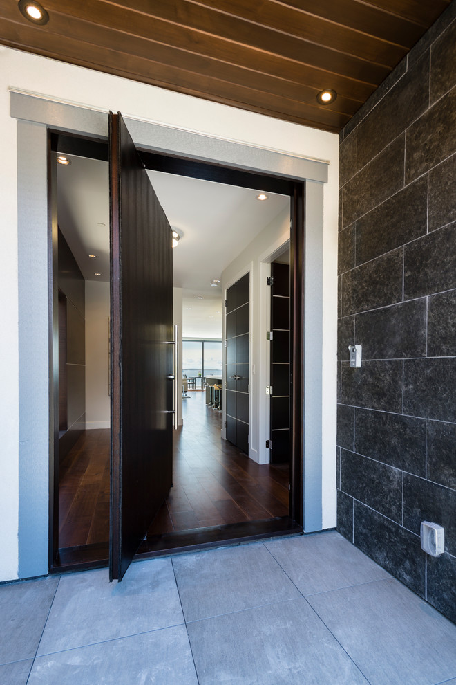 Idéer för mellanstora funkis ingångspartier, med grå väggar, skiffergolv, en pivotdörr och en brun dörr