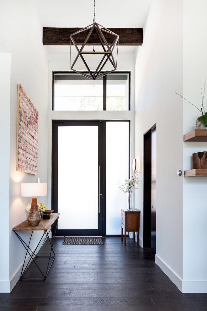 Ispirazione per una porta d'ingresso minimal con pareti bianche, parquet scuro, una porta singola e una porta in vetro