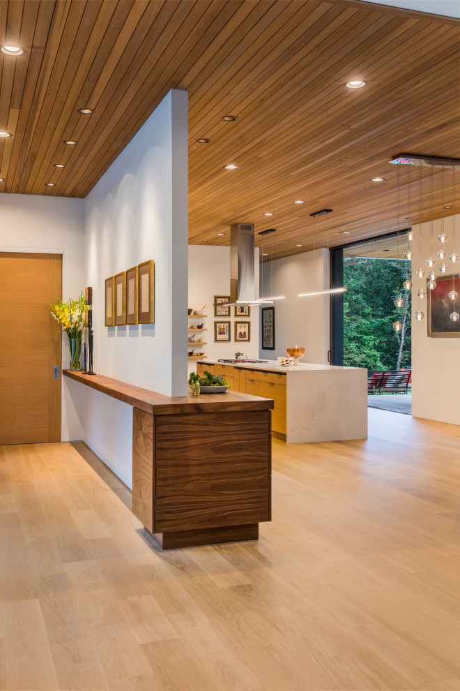 Mittelgroßes Modernes Foyer mit weißer Wandfarbe, hellem Holzboden und Holzdecke in Portland