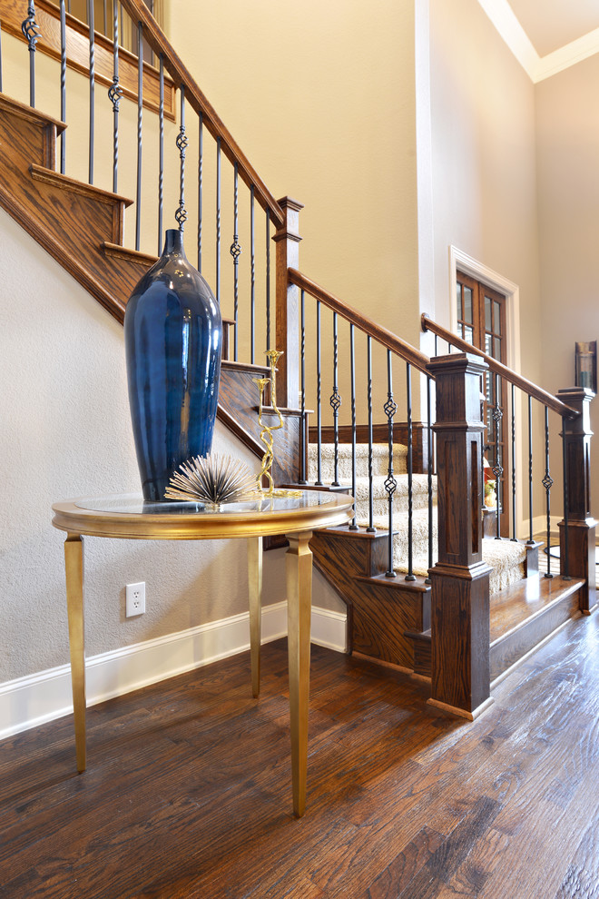 Inspiration for a large traditional foyer in Dallas with a single front door, beige walls, medium hardwood flooring and a medium wood front door.
