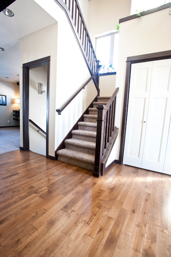This is an example of a large classic foyer in Cedar Rapids with beige walls and light hardwood flooring.