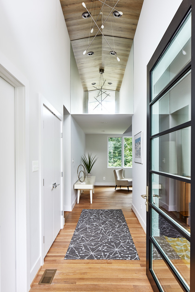 Ispirazione per un ingresso moderno di medie dimensioni con pareti bianche, parquet chiaro, una porta singola e una porta in vetro