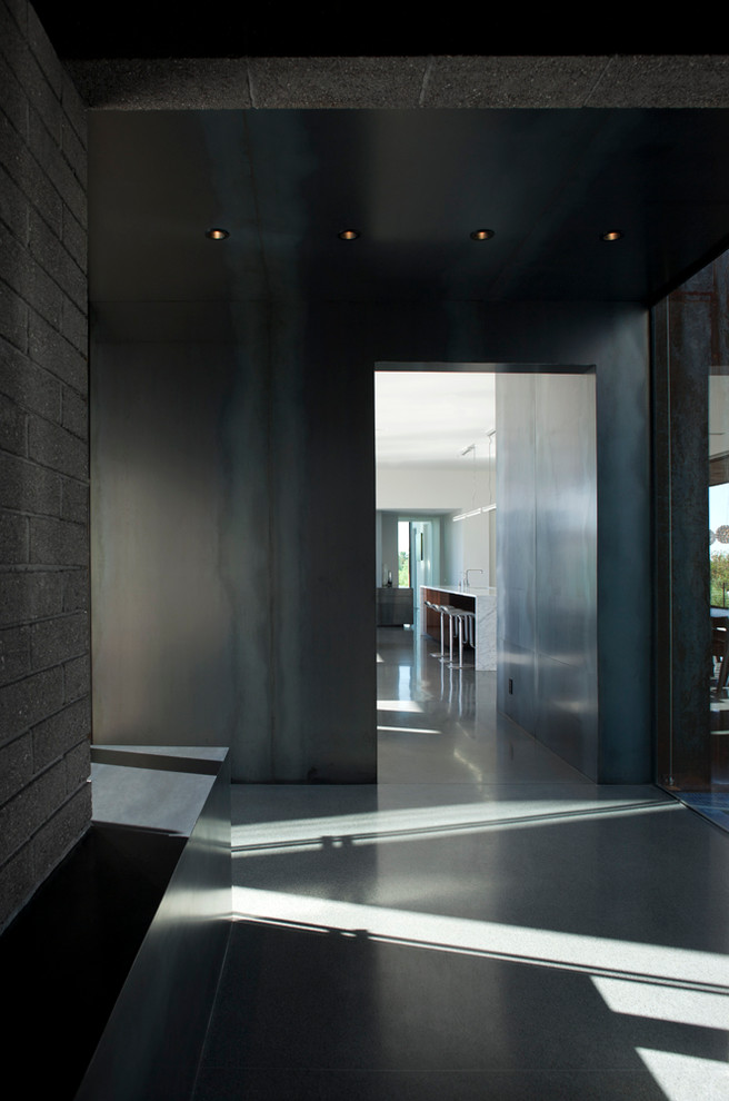 Modelo de entrada minimalista con paredes grises, suelo de terrazo, puerta pivotante y puerta metalizada