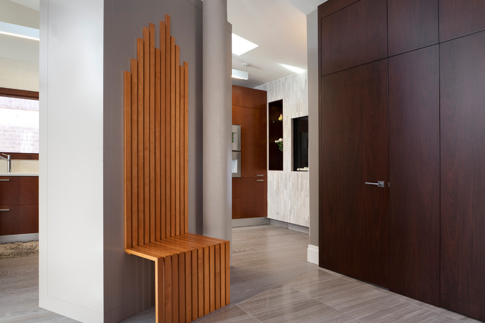 Imagen de distribuidor minimalista de tamaño medio con paredes grises, suelo de baldosas de porcelana, puerta simple y puerta de madera oscura