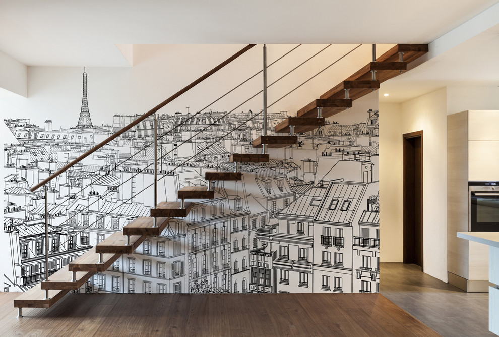Idées déco pour un escalier sans contremarche droit contemporain de taille moyenne avec des marches en bois.