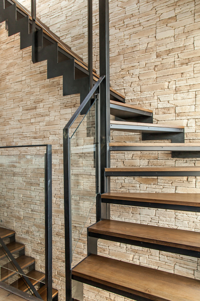 Exemple d'un escalier sans contremarche droit éclectique avec des marches en bois.