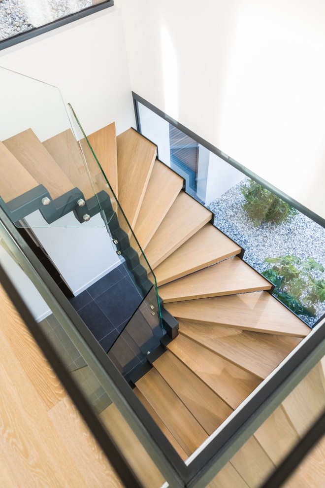 Exemple d'un grand escalier courbe tendance avec des marches en bois, des contremarches en métal et un garde-corps en verre.