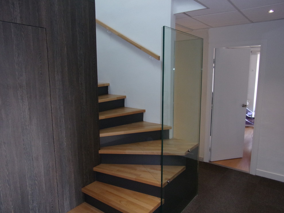 Exemple d'un escalier courbe tendance de taille moyenne avec des marches en bois, des contremarches en bois et un garde-corps en verre.