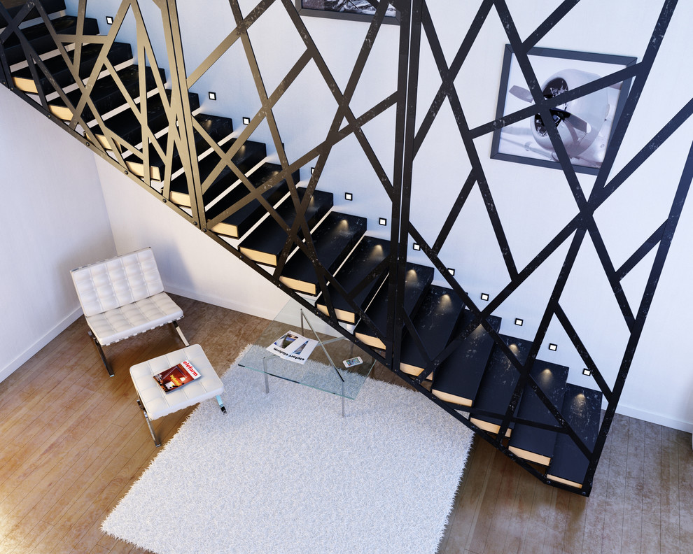 Ejemplo de escalera recta minimalista extra grande sin contrahuella con escalones de metal