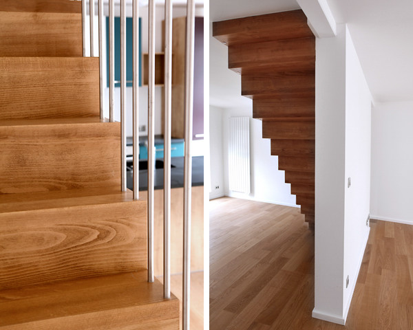 Пример оригинального дизайна: прямая деревянная лестница в стиле лофт с деревянными перилами